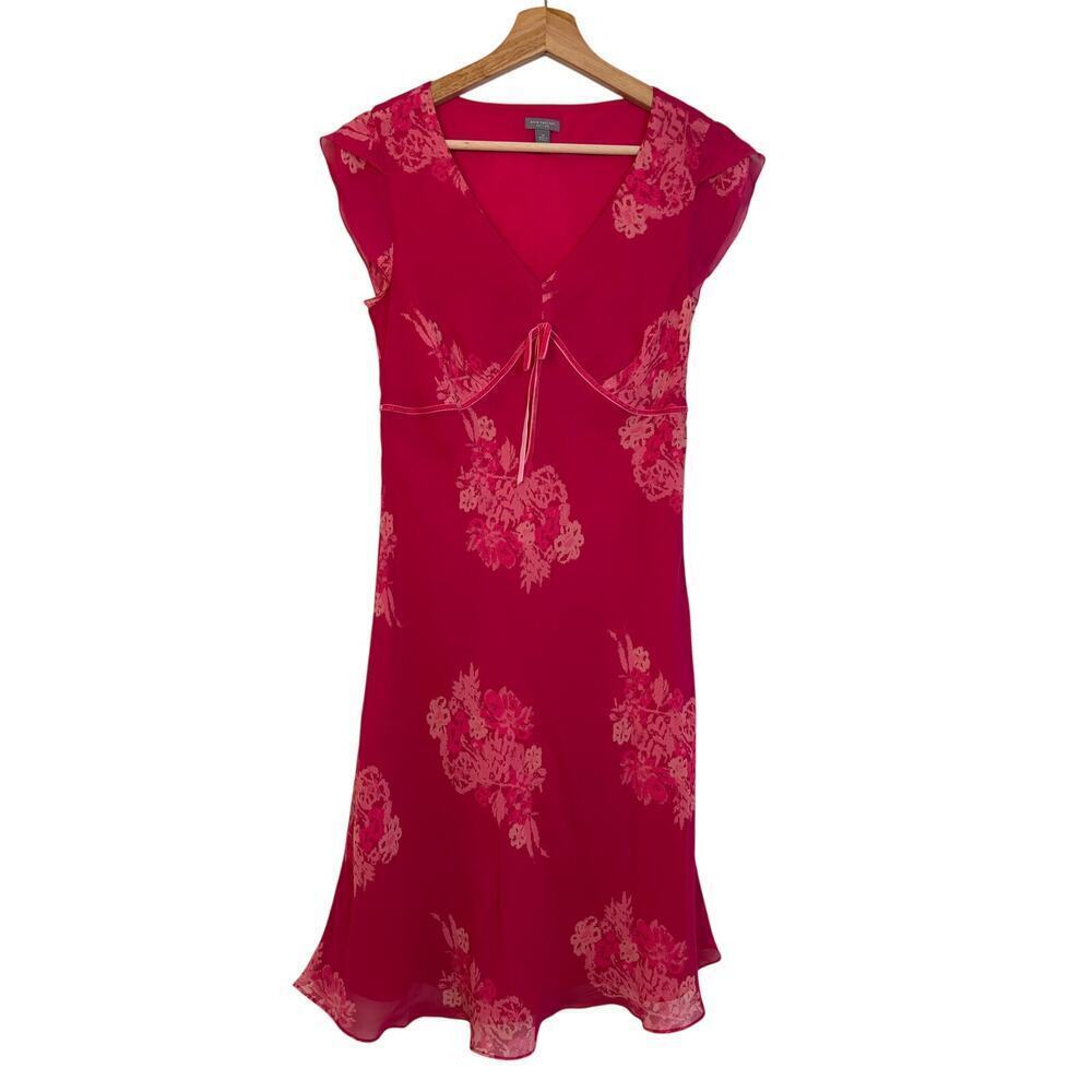 Ann Taylor Silk Y2K Midi Dress Sz 4 Petite Floral Pink Look Romantic Trim Velvet